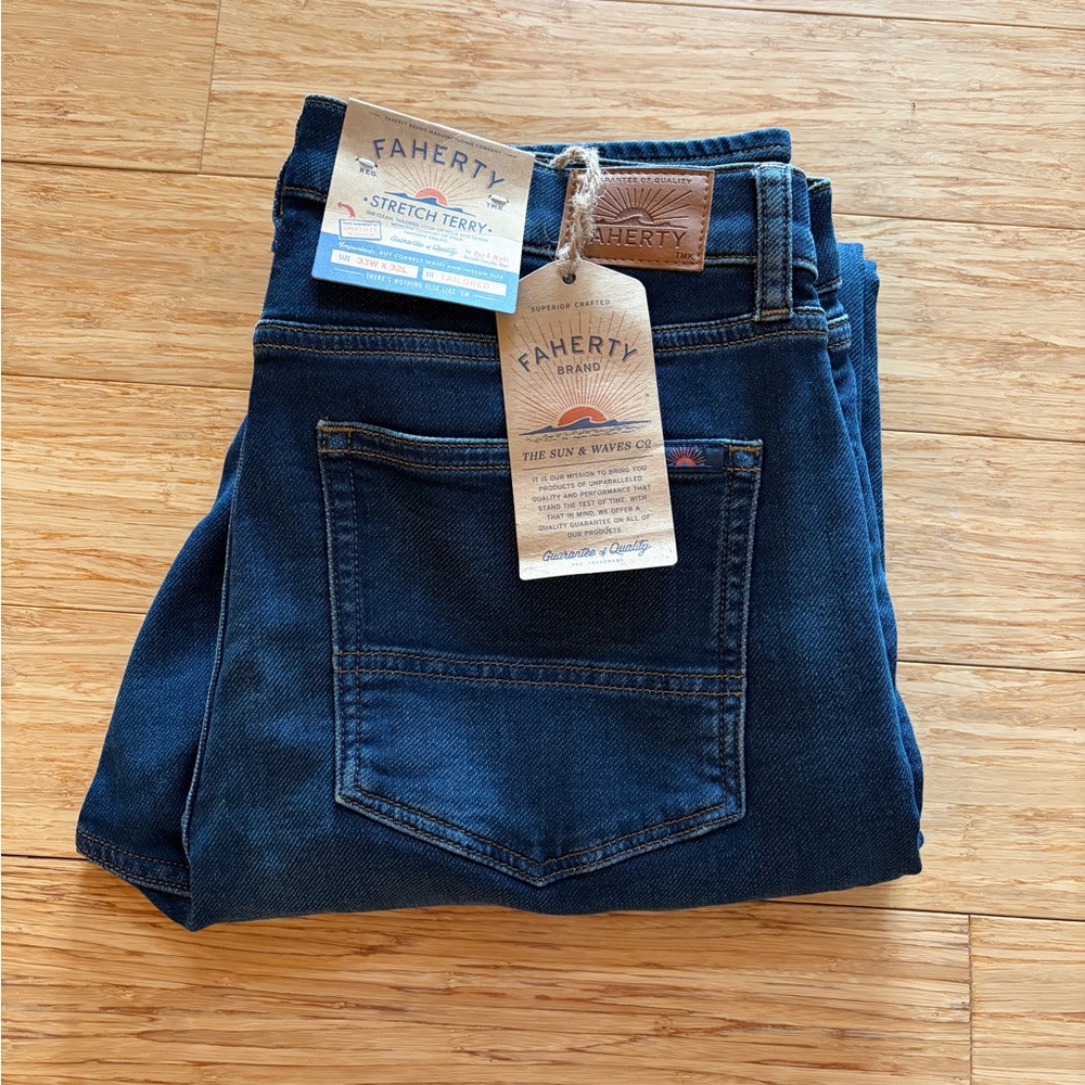Faherty Stretch Terry Indigo 5-Pocket Pant Men's 33W x 32L Belmar Coast Wash